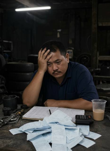 Boss termenung depan longgokan resit dan kalkulator, hujung bulan tak tahu untung