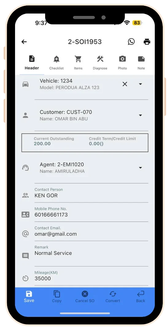 Kad kerja kereta dalam app WebMax pada telefon