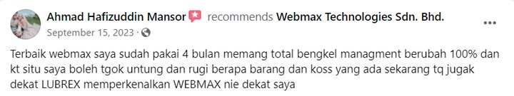 Review Facebook pelanggan WebMax