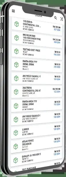 Senarai stok tayar dalam app WebMax